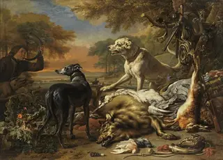 Hunting still life with wolf, by Jan Weenix