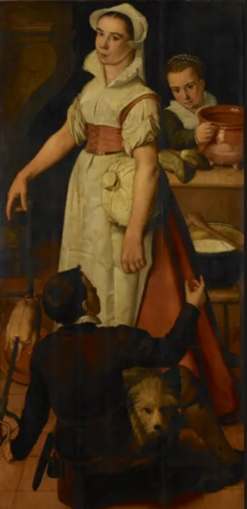 The kitchen maid and her helpers, by Huybrecht Beuckeleer