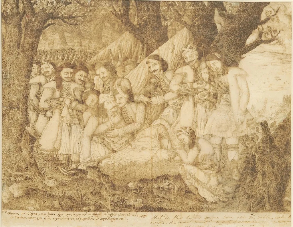 Ο θάνατος του Μάρκου Μπότσαρη, by Iatridis Athanasios, unspecified, 1824