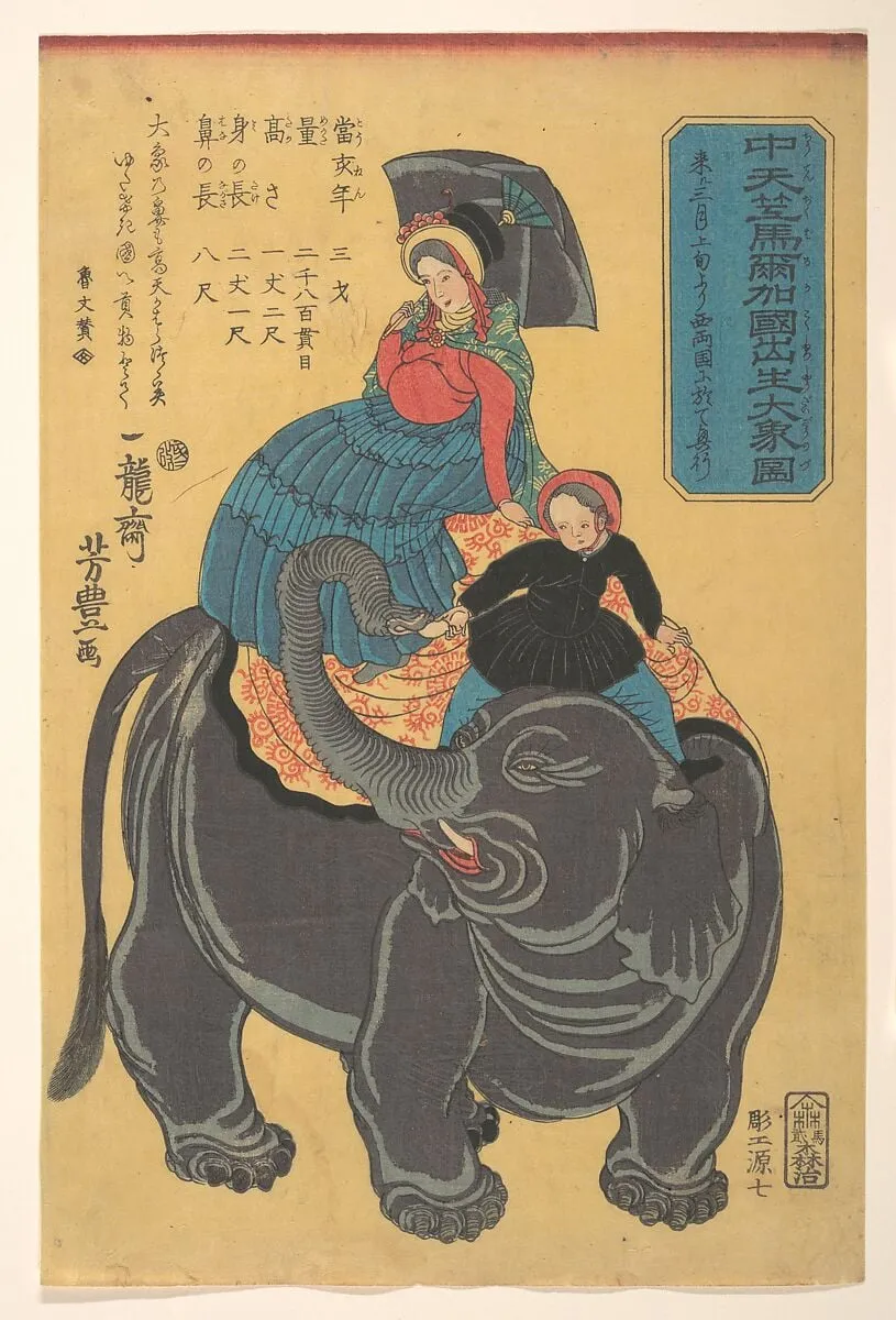 Chū tenjiku Maruka koku shūsshō daizō zu|Picture of an Elephant Born in Maruka in Central India, by Ichiryūsai Yoshitoyo, ink, 2