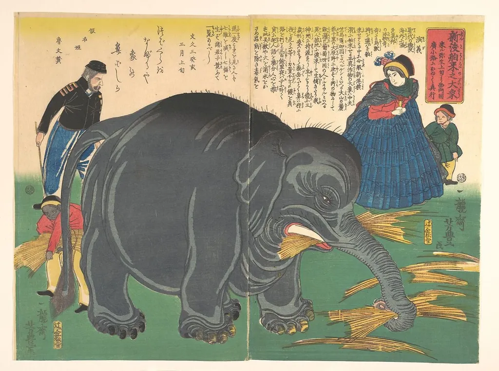 一龍斎芳豊画 「新渡舶来之大象」|Newly Imported Great Elephant (Shinto hakurai no daizō), by Ichiryūsai Yoshitoyo, ink, 1863