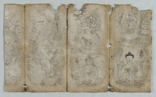 Iconographic Drawings:  Vaishravana, Yama, Ushnishavijaya, Chunda (?), and Buddha (recto)