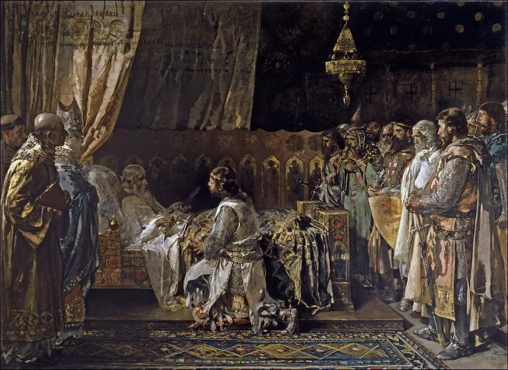 In his final moments, King Jaime el Conquistador gives his sword to his son, Pedro, by Ignacio Pinazo Camarlench