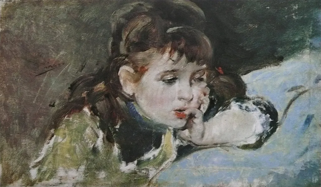 Little girl reading, by Ignacio Pinazo Camarlench, oil, 1896