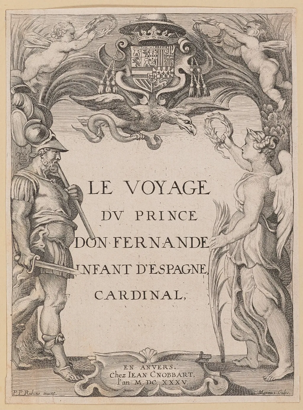 Title Page for Le Voyage Dv Prince Don Fernande Infant d'Espange, Cardinal, by Ignatius Cornelis Marinus, ink, 1635
