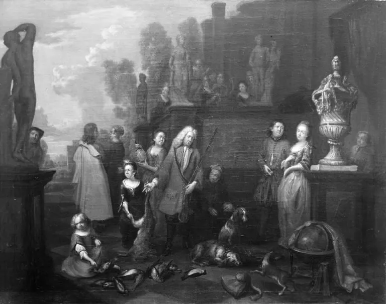 A family on the Terrace of a Park. After the Hunt, by Ignatius van der Beken, oil, 1722