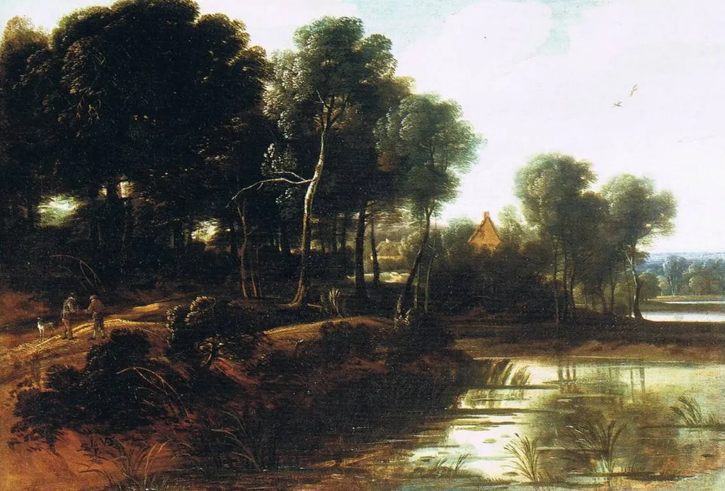 Wooded landscape with a lake, by Ignatius van der Stock, oil, 1660