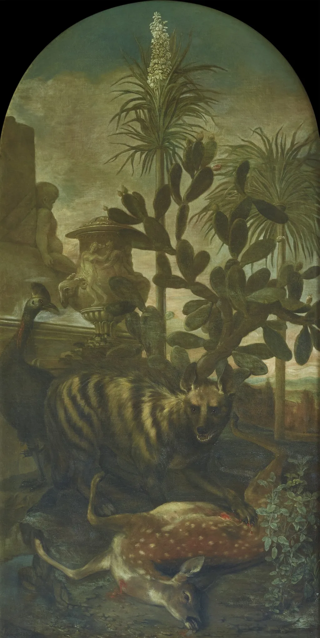 Hyena, Antelope and Cassowary in a Cactus Landscape, by Ignaz Heinitz von Heinzenthal, oil, 1723