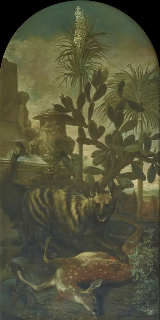 Hyena, Antelope and Cassowary in a Cactus Landscape, by Ignaz Heinitz von Heinzenthal