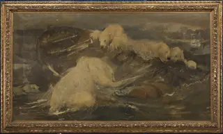 IJsberen beklimmen een ronddrijvende sloep, by John Macallan Swan