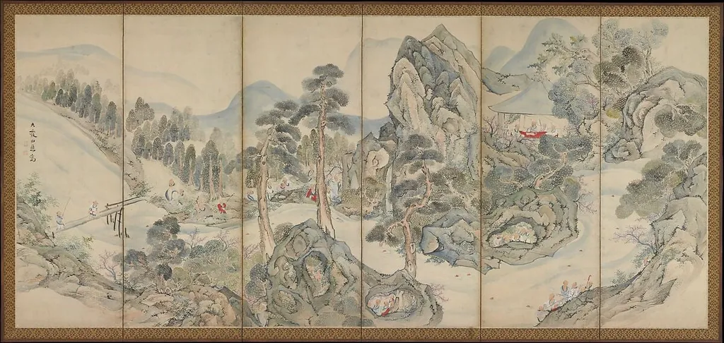 池大雅筆 蘭亭曲水図屏風 秋社図屏風|Orchid Pavilion Gathering; Autumn Harvest Festival, by Ike no Taiga, ink, 1763