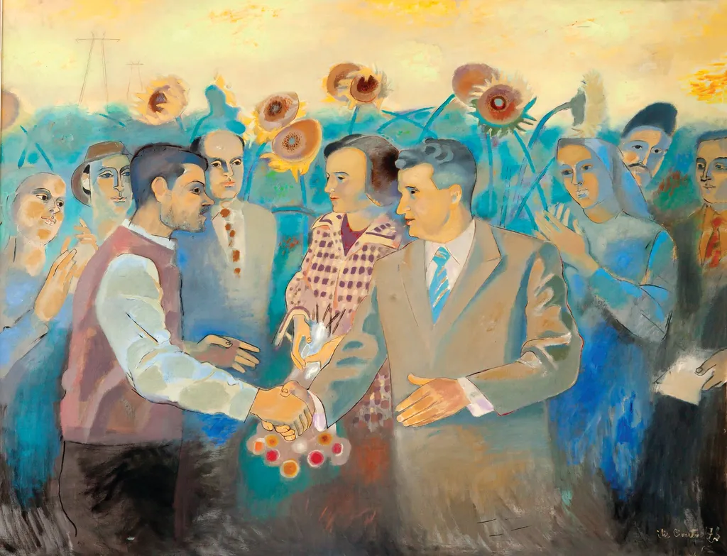 Tablou ”Amiază în câmpia ilfoveană” semnat și datat de autor în dreapta jos ”Ilie Ciortea 78”. Tabloul îi reprezintă pe soții Ceaușescu întâlnindu-se cu oamenii muncii în mijlocul uni lan de floarea soarelui. Comandat de Comitetul Județean de Partid Ilfov și facut cadou cu ocazia zilei de naștere (ianuarie 1978)., by Ilie Ciortea