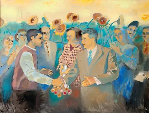 Tablou ”Amiază în câmpia ilfoveană” semnat și datat de autor în dreapta jos ”Ilie Ciortea 78”. Tabloul îi reprezintă pe soții Ceaușescu întâlnindu-se cu oamenii muncii în mijlocul uni lan de floarea soarelui. Comandat de Comitetul Județean de Partid Ilfov și facut cadou cu ocazia zilei de naștere (ianuarie 1978)., by Ilie Ciortea