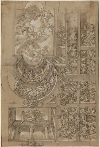 Illusionistic Ceiling with a Grape Arbor, Figures Poised on Galleries, and a Central Scene of Olympian Gods