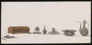 Illustration showing Ottoman domestic metalwork and a wooden inlaid box