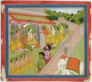 Illustrations to Life of Dhurva Maharaj: #14 Indra, King of Heaven is very anxious and afraid that Dhurva may win his throne by power. He consults the other Dev Kings, 1800