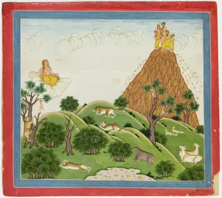 Illustrations to Life of Dhurva Maharaj: #22 Dhurva reaches the mountain of gold where 7 sacred Rishis who are called the Seven Stars receive him