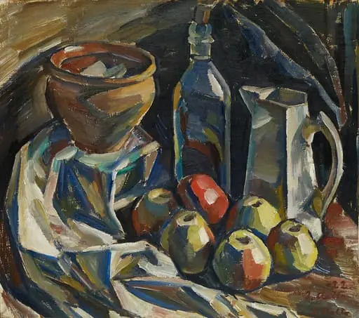 Asetelma, kannu, ruukku, pullo ja omenoita, by Ilmari Aalto