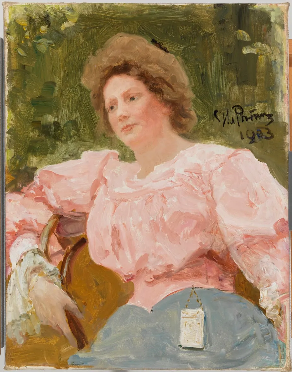 Nuori nainen vaaleanpunaisessa puserossa, by Ilya Repin, unspecified