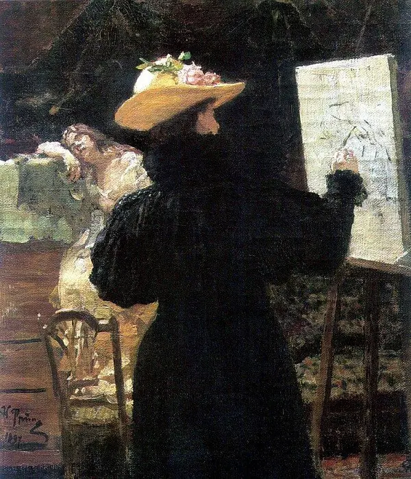 Portrait of Princess Maria Klavdievna Tenisheva while working, by Ilya Repin