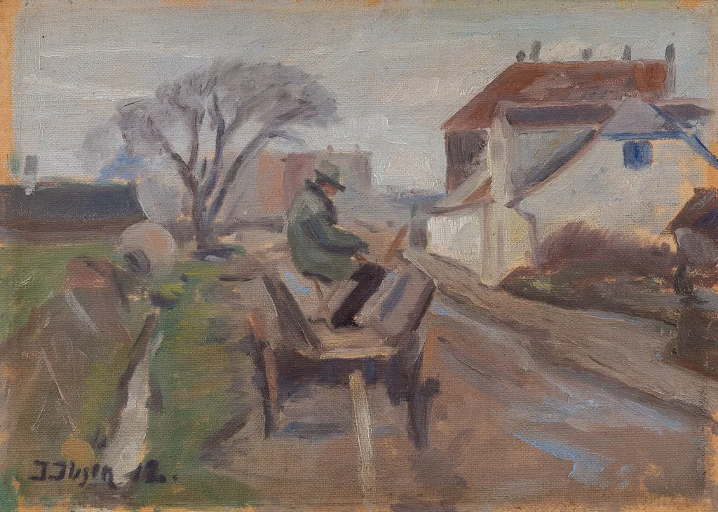 The Painter Ølund Hansen Sitting in a Wagon Painting, by Immanuel Ibsen, unspecified, 1912
