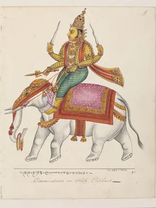 Indra, the god of storms, riding on a white elephant, Airavata., 1820