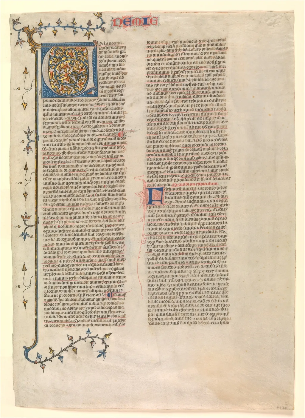 Initial "V" from the commentary of Nehemiah, one of six illustrated leaves from the Postilla Litteralis (Literal Commentary) of Nicholas of Lyra, unspecified, 1360