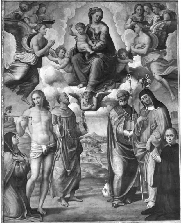 Maria mit Kind und den hll. Katharina von Siena, Sebastian, Franziskus, Petronius, Klara und Stifter, by Innocenzo di Pietro Francucci da Imola, 1517