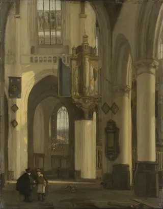 Interior of a Protestant Gothic church with motifs of the Oude and the Nieuwe Kerk in Amsterdam