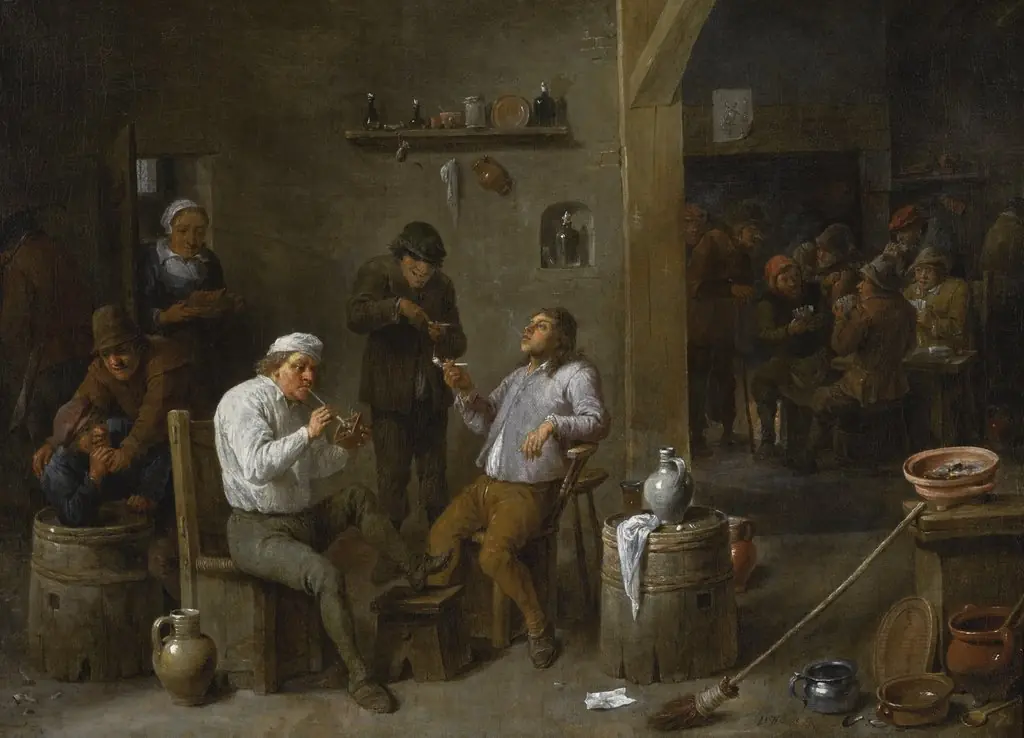 Interior tavern scene with peasants drinking and smoking