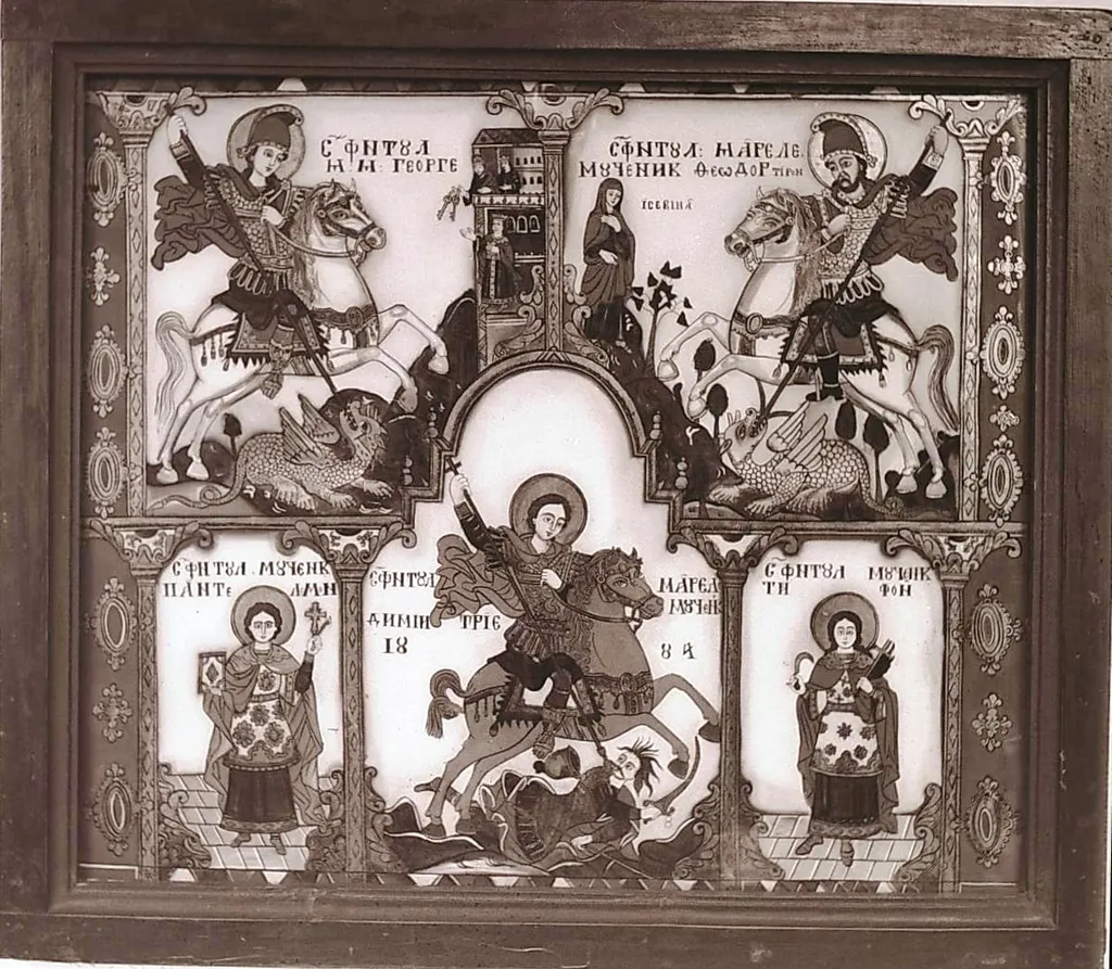 Secvențe din Muzeul Satului, icoană pe sticlă de Savu Moga: „Prăznicar- Sfinții militari”, Țara Oltului, Arpașul de Sus - 1884 (1988), by Ioan George Andron, 1988