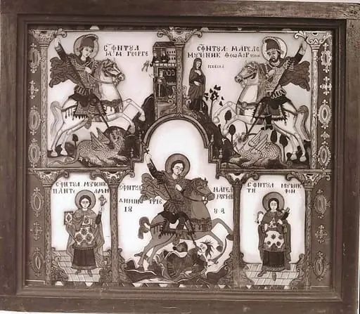 Secvențe din Muzeul Satului, icoană pe sticlă de Savu Moga: „Prăznicar- Sfinții militari”, Țara Oltului, Arpașul de Sus - 1884 (1988), by Ioan George Andron