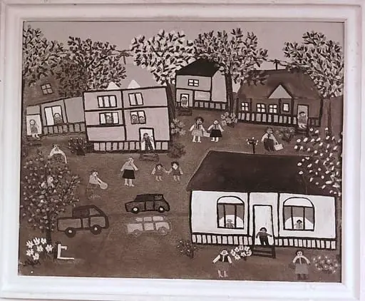 Sequences from the Village Museum, naive painting by Aurora Năfornițe - New houses (1988), by Ioan George Andron