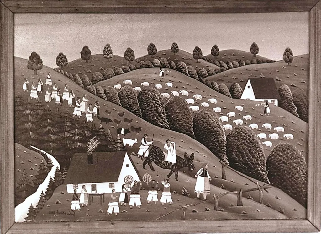 Sequences from the Village Museum, naive painting by Petru Mihuțe - The wedding of the poor boy (1988), by Ioan George Andron, unspecified, 1988