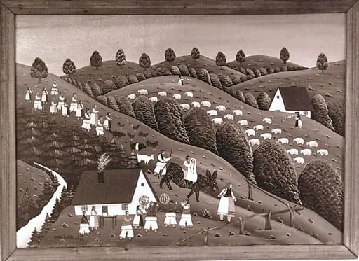 Sequences from the Village Museum, naive painting by Petru Mihuțe - The wedding of the poor boy (1988), by Ioan George Andron