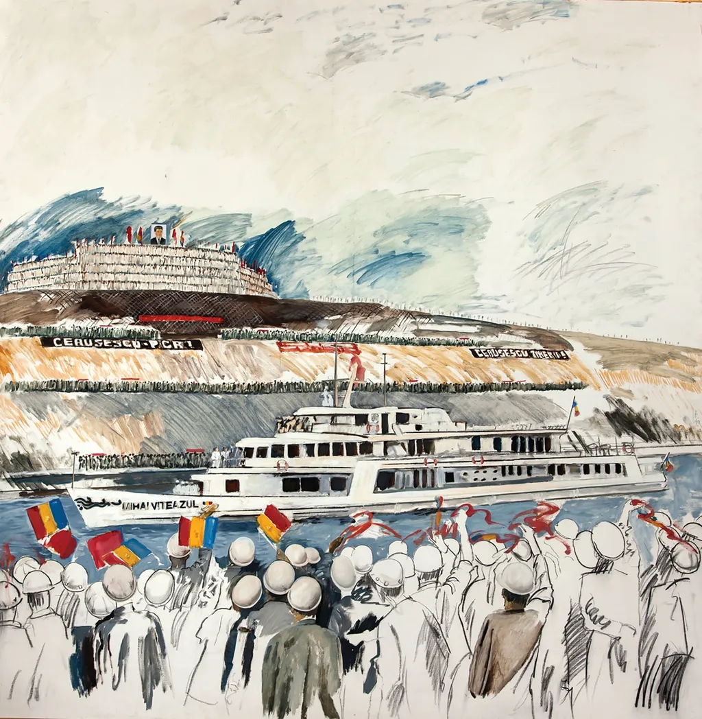 Tablou „Nava prezidențială la inaugurarea canalului Dunărea – Marea Neagră”, atribuit lui Ion Bitzan. Tabloul prezintă nava prezidențială traversând canalul Dunăre Marea Neagră pe malurile canalului oamenii muncii fluturând tricolorul. Comandat de Consiliul Culturii și Educației Socialiste (1984),, by Ion Bitzan, 1970