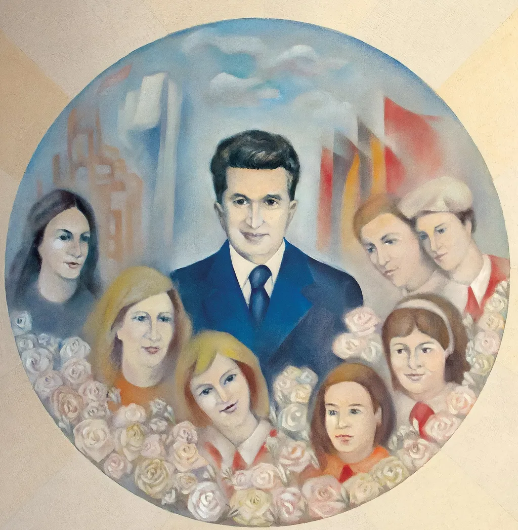 Tablou ulei pe pânză, „Nicolae Ceaușescu”, nesemnat, atribuit lui Ion Pantilie, nedatat. Nicolae Ceaușescu este reprezentat în mijlocul copiilor și tinerilor. Comandat și oferit de Comitetul Județean de Partid Argeș (1988)., by Ion Pantilie