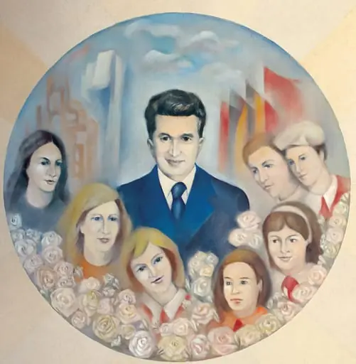 Tablou ulei pe pânză, „Nicolae Ceaușescu”, nesemnat, atribuit lui Ion Pantilie, nedatat. Nicolae Ceaușescu este reprezentat în mijlocul copiilor și tinerilor. Comandat și oferit de Comitetul Județean de Partid Argeș (1988)., by Ion Pantilie