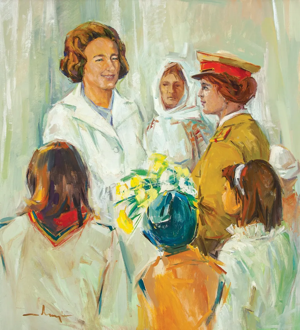 Tablou, ulei pe pânză, „Omagiu” , semnat stânga jos indescifrabil, atribuit Ion Țarălungă. Elena Ceaușescu într-un grup de copii și tineri, o tânără femeie militar îi oferă un buchet de flori. Comandat și oferit de Ministerul Apărării Naționale (1984)., by Ion Țarălungă