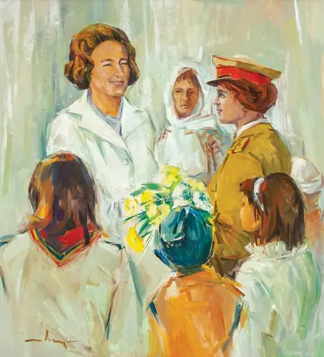Tablou, ulei pe pânză, „Omagiu” , semnat stânga jos indescifrabil, atribuit Ion Țarălungă. Elena Ceaușescu într-un grup de copii și tineri, o tânără femeie militar îi oferă un buchet de flori. Comandat și oferit de Ministerul Apărării Naționale (1984)., by Ion Țarălungă
