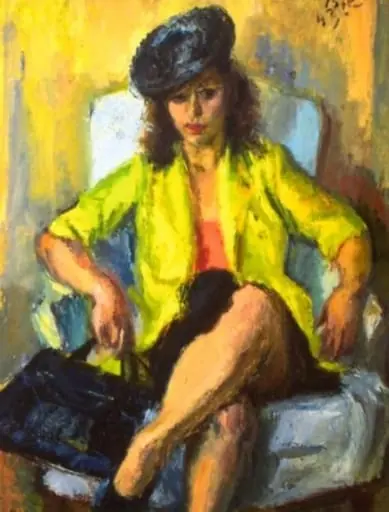 Femeie cu jachetă galbenă în fotoliu, by Iosif Iser, 1943