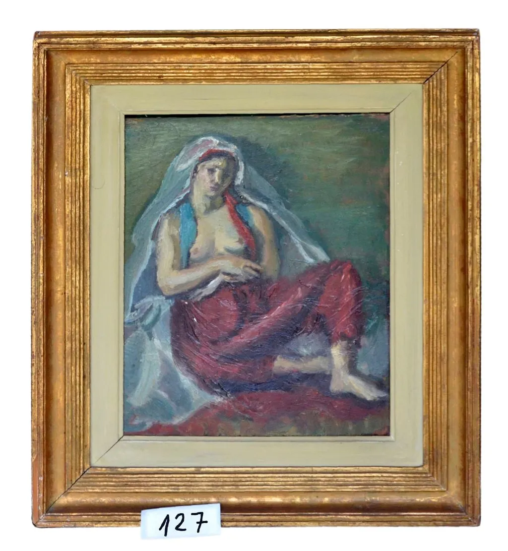 Odaliscă șezând; Bătrân șezând în fotoliu cu o tânără balerină (verso), by Iosif Iser, 1935