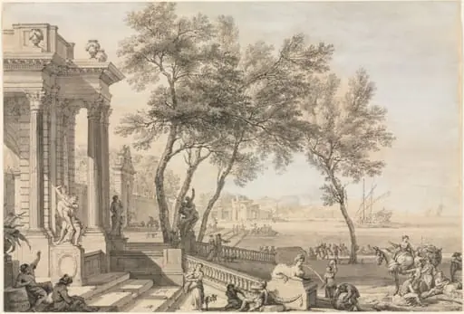 Fantastic Harbor Scene with Architecture and Figures, by Isaac de Moucheron