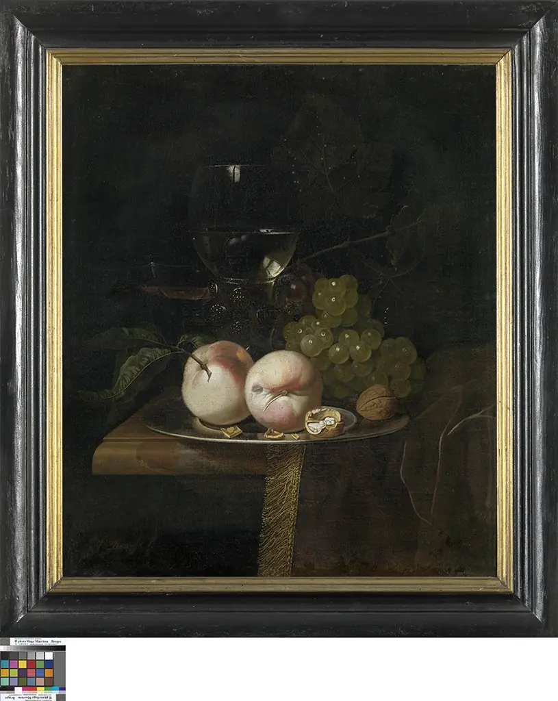 Stilleven met fruit en een wijnglas