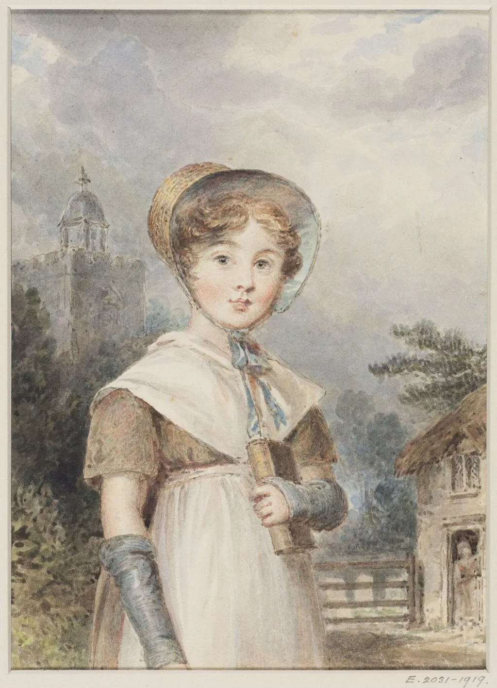 A little girl in Quaker costume, holding a Bible or prayer-book, by Isaac Pocock, 1810