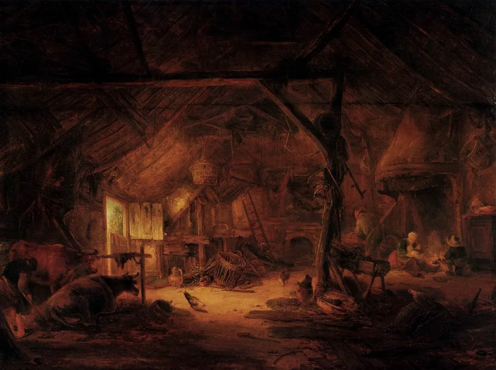 A Cowshed, by Isaac van Ostade, oil, 1645