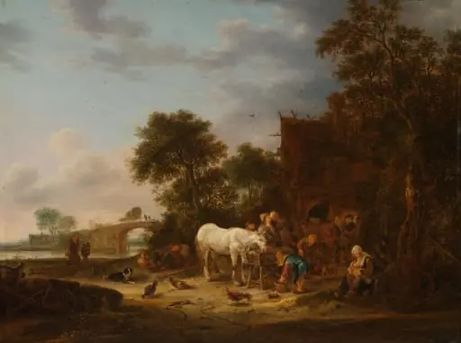 Country inn with a horse at the trough, by Isaac van Ostade