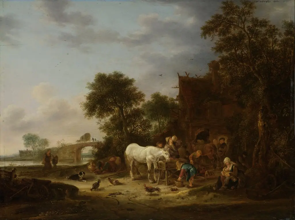 Country inn with a horse at the trough, by Isaac van Ostade
