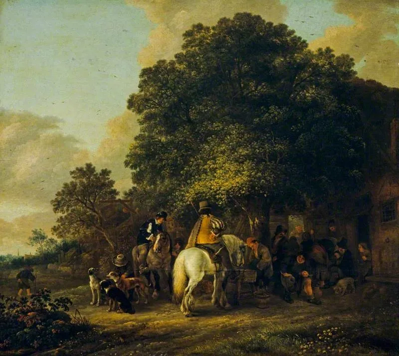 Sportsmen Halting at an Inn, by Isaac van Ostade, oil, 1646