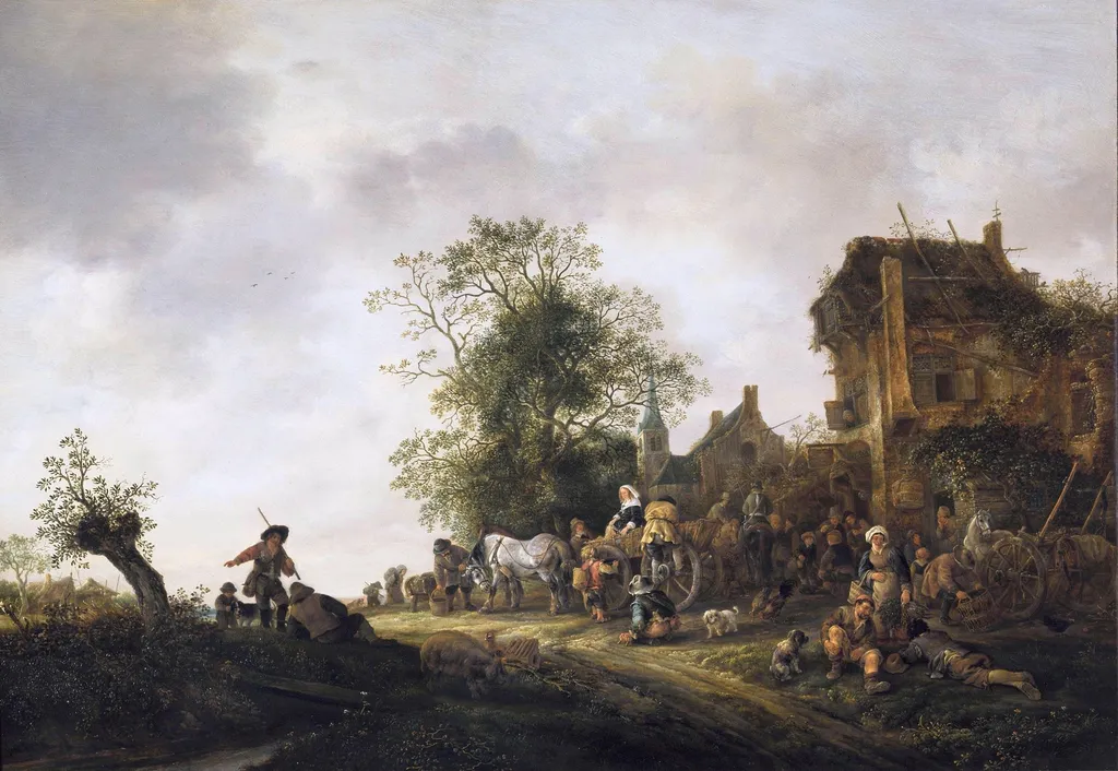 Travellers before an Inn, by Isaac van Ostade, oil, 1645